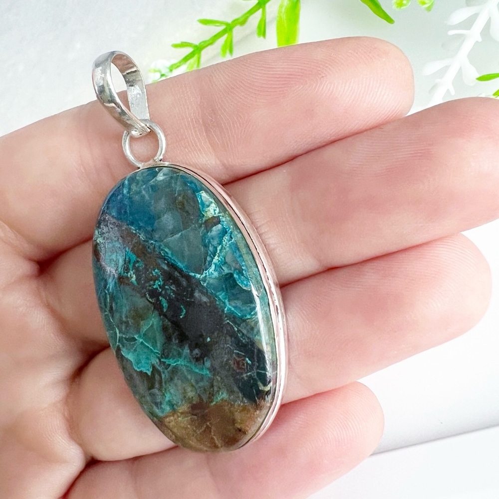 Azurite Chrysocolla Pendant Solid Sterling Silver 925 Handmade New - Picture 3 of 5